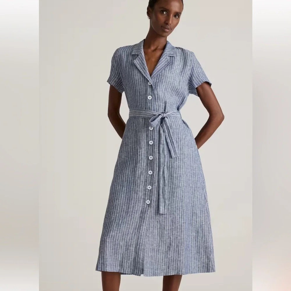 Quince 100% European Linen Button Front Dress Size M Chambray Stripe Midi Pocket